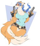 anthro blue_hair bottomwear braided_hair breasts cheek_tuft cleavage clothed clothing eyewear facial_tuft female fingerless_gloves fluffy fluffy_tail fur glasses gloves gun hair half-closed_eyes handgun handwear hotpants narrowed_eyes neck_tuft orange_body orange_fur pistol ranged_weapon shirt shorts solo tail tan_body tan_fur tank_top tinted_glasses topwear tuft weapon dullvivid sly_cooper_(series) sony_corporation sony_interactive_entertainment sucker_punch_productions tomb_raider carmelita_fox lara_croft canid canine fox mammal hi_res