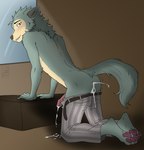 anthro blush bodily_fluids bottomwear clothing cum cum_in_ass cum_inside erection genital_fluids genitals male pants pawpads paws penis scar shaking simple_background smile solo tail trembling c-r-s beastars legoshi_(beastars) canid canine canis mammal wolf digital_media_(artwork) hi_res