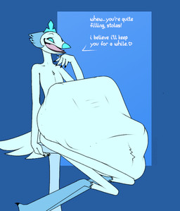 abdominal_bulge anthro beak belly big_belly blue_eyes chair colored_nails crown feather_tuft feathers furniture headgear huge_belly male nails nude on_chair open_beak open_mouth open_smile same_size_vore sitting sitting_on_chair skinny smile solo speech_bubble tail text tongue tuft unseen_prey vore white_body conditional_dnp electricpants138456 hellaverse helluva_boss andrealphus_(helluva_boss) avian bird demon galliform goetia humanoid peafowl phasianid 2023 colored digital_drawing_(artwork) digital_media_(artwork) english_text