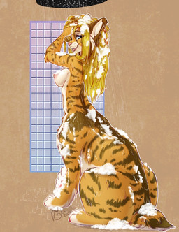 4_toes abstract_background bathing blonde_hair blue_eyes breasts brown_body brown_fur eyelashes eyelashes_through_hair fangs feet female fur fur_markings hair inner_ear_fluff long_hair looking_at_viewer looking_back markings multicolored_body multicolored_fur nipples nude open_mouth orange_body orange_fur pawpads pink_nose pink_pawpads showering soaked soap soap_bubbles solo teeth tile toes translucent translucent_hair tuft rika_(artist) shorttail chakamil chakat felid felid_taur feline feline_taur lynx mammal mammal_taur taur signature herm_(lore)