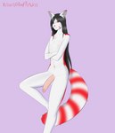 anthro big_penis black_hair erection femboy fur genitals hair long_hair male penis solo white_body white_fur kawaiiredpandas ailurid mammal red_panda absurd_res hi_res