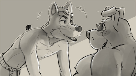 anthro blush clothed clothed_anthro clothed_male clothing duo eyewear fur interspecies male male/male navel nipples smile sunglasses swimming_trunks swimwear topless topless_anthro topless_male hunter-husky nintendo star_fox bill_grey fox_mccloud canid canine canis domestic_dog fox mammal 16:9 hi_res widescreen