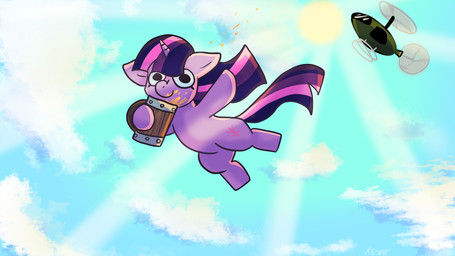 aircraft beverage cider cloud cloudy_sky container cup cutie_mark falling female feral hair helicopter holding_beverage holding_object horn mug multicolored_hair purple_body sky skydiving smile smiling_at_viewer solo vehicle miranda_17 friendship_is_magic hasbro my_little_pony mythology twilight_sparkle_(mlp) equid equine mammal mythological_creature mythological_equine unicorn 16:9 4k absurd_res hi_res widescreen