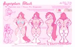 anthro big_breasts bikini breasts clothing digitigrade female fur hair multiple_piercings muscular muscular_female nipple_piercing nipples piercing pink_body pink_fur pink_hair solo swimwear text two-piece_swimsuit glitterawrxd clydesdale draft_horse equid equine horse mammal english_text hi_res model_sheet sketch