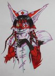 anthro black_hair clothing cross ear_tuft facial_hair fangs fur goatee hair headgear headwear male paws pseudo_hair red_body red_fur simple_background smile solo syringe teeth tentacle_hair tentacles tuft white_body white_fur lemurka3789 lapfox_trax renard_queenston canid canine fox mammal absurd_res hi_res traditional_media_(artwork)