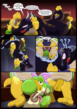 anthro back_wings ball_gag balls bdsm black_border bodily_fluids bondage border bound castle comic_panel duo erection feral forced fur gag gagged genital_fluids genitals group latex male male/male muscular nude open_mouth oral penis sex slave smile speech_bubble tail text tongue trio wings wings_tied pricethecamel mario_bros mythology nintendo lenni_(boundedyoshi) nathan_(yoshi) bro_(koopa) dinosaur dragon green_yoshi hammer_bro koopa koopa_troopa mythological_creature mythological_scalie prehistoric_species reptile scalie tortoise turtle yoshi absurd_res comic cover digital_media_(artwork) english_text hi_res