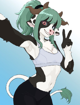 alternate_species anthro anthrofied athletic athletic_wear blue_background bra clothing female fur furrification gesture green_hair grey_sclera hair hand_gesture heterochromia leggings legwear midriff multicolored_body multicolored_fur pink_body pink_fur ponytail selfie simple_background smile snout sports_bra tail tail_tuft tuft two_tone_body two_tone_fur underwear v_sign white_body white_fur wannabehobo vtuber crelly_(vtuber) bovid bovine cattle mammal