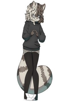 anthro clothing female footwear grey_eyes hair hood legwear shoes shy solo tail thigh_highs sonofan mammal procyonid raccoon absurd_res hi_res
