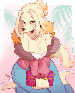 anthro big_breasts blonde_hair border bottomwear breast_squish breasts brown_eyes chest_tuft cleavage clothed clothing denim denim_bottomwear denim_clothing female footwear fur fur_coat hair high-angle_view high_heels jeans kemono looking_at_viewer off_shoulder palm_leaves pants pink_clothing pink_topwear purse shoes sitting smile solo squish topwear tuft white_border wide_hips yellow_body yellow_fur sanjiro saki_(kaeritai07) canid canine canis domestic_dog mammal 2021 dated hi_res