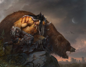 ambiguous_gender axe bone bone_necklace crouching detailed_background duo feral grass holding_axe holding_object jewelry male moon muscular muscular_male necklace night open_mouth outside plant rock star wei_wang blizzard_entertainment warcraft rexxar ambient_bird bear humanoid mammal orc 2013 hi_res official_art