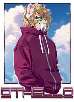 abstract_background anthro blue_eyes border clothing con_badge ear_piercing ear_ring eyewear framed glasses hair hand_in_pocket hoodie long_hair looking_at_viewer male piercing pockets ring_piercing sky solo text topwear wearing_glasses white_border zipper chatski felid mammal prehistoric_species saber-toothed_tiger english_text hi_res