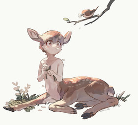 brown_body brown_fur casual_nudity cloven_hooves fur hooves lying male markings nude_taur simple_background spots spotted_body spotted_fur white_background mullmull deer deer_taur mammal mammal_taur taur