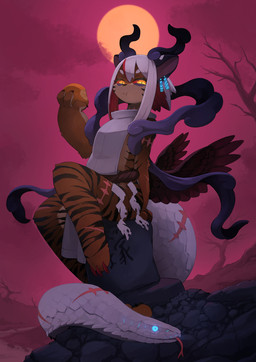anthro arm_scar asian_clothing barefoot biped black_body black_claws black_ears black_fur black_horn black_stripes black_wings blue_eyes bottomwear cheek_markings circle_eyebrows cjk_character claws clothed clothed_anthro clothed_female clothing cloud countershade_arms countershade_face countershade_fur countershade_hands countershade_legs countershade_torso countershading dead_tree detailed_background ear_piercing east_asian_clothing eating eating_food eyebrows eyelashes facial_markings feathered_wings feathers feet female female_anthro finger_claws flat_chested food forked_tongue fruit full_moon fully_clothed fully_clothed_anthro fully_clothed_female fur glowing glowing_eyes hair head_markings holding_food holding_fruit holding_object horn japanese_clothing kariginu kemono leg_scar living_tail loincloth long_hair looking_at_viewer markings monotone_tail moon multicolored_body multicolored_fur multicolored_hair night orange_body orange_fur outside piercing plant pupils red_claws red_hair red_sclera scales scar shirt sideless_clothing sitting sky slit_pupils snake_tail solo striped_body striped_fur stripes tail tail_scar tan_body tan_countershading tan_fur three-quarter_view toe_claws tongue topwear tree two_tone_hair unusual_anatomy unusual_tail white_body white_bottomwear white_clothing white_hair white_loincloth white_scales white_shirt white_tail white_topwear wings yellow_eyes kamukamu6392 asian_mythology east_asian_mythology japanese_mythology mythology chimera felid mammal nue pantherine reptile scalie snake tiger 2025 colored digital_media_(artwork) full-length_portrait hi_res portrait shaded