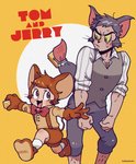 4_fingers bottomwear brown_hair cat_tail clothed clothing duo fingers footwear gloves green_eyes grey_hair hair handwear jewelry male mouse_tail mouse_trap necklace orange_background shoes simple_background suspenders topwear trap_(contrivance) yellow_sclera kadikadisake metro-goldwyn-mayer tom_and_jerry jerry_mouse thomas_cat animal_humanoid cat_humanoid felid felid_humanoid feline feline_humanoid humanoid mammal mammal_humanoid mouse_humanoid murid murid_humanoid murine murine_humanoid rodent rodent_humanoid 2020 hi_res