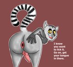 anatomically_inaccurate anthro anus bent_over butt erection fur grey_body grey_fur hand_on_butt looking_at_viewer male markings simple_background solo striped_markings striped_tail stripes tail tail_markings talking_to_viewer text charl33 dreamworks madagascar_(series) king_julien lemur mammal primate ring-tailed_lemur strepsirrhine english_text hi_res