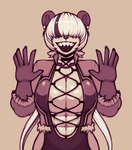 2022 abs anthro bear big_breasts breasts clothed clothing cosplay digital_media_(artwork) dress female freepancakes fur giant_panda hair hair_over_eyes jacket king_of_fighters mammal monochrome muscular open_mouth sharp_teeth shermie simple_background smile snk solo teeth topwear white_hair