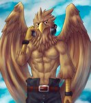 anthro beak belt biped black_bottomwear black_clothing black_eyes black_headphones black_pants bottomwear brown_body brown_feathers brown_fur clothed clothing feathers feet fur male muscular muscular_anthro muscular_male pants pecs solo talons toes topless topless_anthro topless_male wings chibikoma my_hero_academia oumagadoki_zoo takahiro accipitrid accipitriform avian bird eagle 2021 absurd_res digital_drawing_(artwork) digital_media_(artwork) hi_res