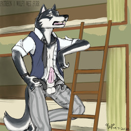 animal_genitalia anthro balls bed breath clock clothing dormitory furniture genitals high_school knot male necktie panting penis ring school school_uniform sheath solo student tongue uniform watch wolfywetfurr_(artist) beastars infinite wolfywetfurr alaskan_malamute canid canine canis domestic_dog hybrid mammal nordic_sled_dog spitz wolf 1:1 hi_res