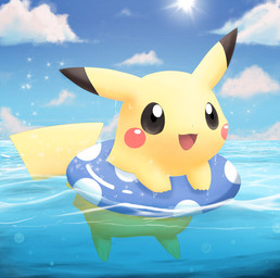 3_toes ambiguous_gender barefoot brown_eyes casual_nudity cloud day detailed_background dipstick_ears ear_markings feet fur inflatable long_ears multicolored_ears nude open_mouth open_smile outside pool_toy raised_tail sea seascape sky smile solo sun swim_ring swimming tail toes toony water wet yellow_body yellow_fur pemyu nintendo pokemon generation_1_pokemon mammal pikachu pokemon_(species) rodent