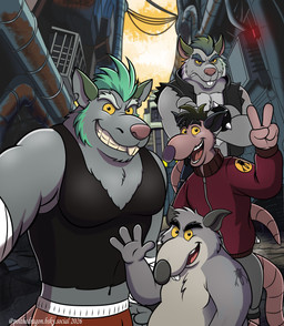anthro bottomwear clothing detailed_background eyebrows gesture group hand_gesture humanoid_hands male muscular muscular_male open_mouth outside overweight overweight_male pants shirt smile tail tattoo topwear v_sign yellow_sclera ilustratorlatin brok_the_investigator cowcat_games dart_(brok_the_investigator) generic_rat_(brok_the_investigator) kins_(brok_the_investigator) squealers_chief mammal murid murine rat rodent 2026 absurd_res hi_res