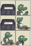 2018 2:3 adolescent alligator alligatorid angie_(study_partners) anthro base_three_layout border breasts clothed clothing comic crocodilian electronics fangs female frustration green_eyes grid_layout hi_res non-mammal_breasts open_mouth phone regular_grid_layout reptile scalie six_frame_grid six_frame_image solo study_partners teeth three_row_layout thunderouserections tongue white_border young