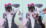 abs anthro armor armpit_fetish armpit_hair armpit_lick armpit_musk armpit_play armpit_sniffing armwear black_clothing blush bodily_fluids body_hair bovine_ears chibi clothed clothing duo fishnet_armwear fishnet_clothing fur hair headgear helmet horn horned_helmet licking male male/male multicolored_body multicolored_fur muscular muscular_anthro muscular_male nude pecs piercing pubes simple_background smile sniffing solo sweat tail tail_motion thick_thighs tongue tongue_out two_panel_image two_tone_body two_tone_fur white_body darkolynx helldivers sartikk valkoinen_2.0_(character) american_opossum bovid bovine caprine deer goat mammal marsupial new_world_deer white-tailed_deer comic digital_media_(artwork) hi_res