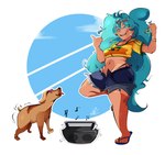 blue_hair brazil breasts clothed clothing dancing duo female feral fur hair long_hair looking_at_viewer music simple_background smile tail tanned tanned_skin tongue topwear peterson_drawn brazilian_miku dancing_brazil_dog vocaloid hatsune_miku canid canine canis domestic_dog human mammal absurd_res digital_media_(artwork) hi_res meme