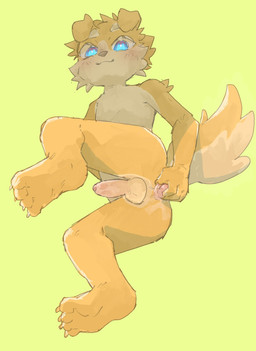 1_eye 4_toes 5_fingers anal anal_masturbation anal_penetration anthro arm_tuft balls blue_eyes blush blush_lines body_blush claws erection feet fingers floppy_ears fluffy fluffy_tail foreskin fur genitals green_background interspecies kemono lying male masturbation nude_anthro nude_male object_in_ass on_side penetration penis penis_blush sex_toy sex_toy_in_ass sex_toy_insertion shoulder_tuft simple_background smile solo tail tan_balls tan_body tan_fur toe_claws toes tuft yellow_body yellow_fur young young_anthro young_male regcron crowl_(regcron) canid canine canis domestic_dog mammal 2025 hi_res