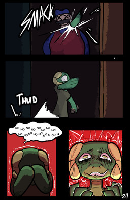 anthro bodily_fluids clothed clothing dialogue duo female male speech_bubble sweat text yellow_eyes brradett lernie_(brradett) human mammal scalie absurd_res colored comic digital_media_(artwork) english_text hi_res
