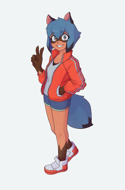anthro biped blue_hair blue_tail bottomwear breasts claws clothed clothing dolphin_shorts eyebrow_through_hair eyebrows facial_markings female footwear fur gesture gloves_(marking) grey_clothing grey_shirt grey_topwear hair hand_gesture hand_in_pocket head_markings jacket leg_markings looking_at_viewer markings mask_(marking) multicolored_eyes orange_body orange_fur pockets shirt shoes shorts simple_background small_breasts smile smiling_at_viewer sneakers socks_(marking) solo standing tail teeth three-quarter_view topwear track_jacket translucent translucent_hair v_sign white_background kintsugeist brand_new_animal studio_trigger michiru_kagemori canid canine mammal raccoon_dog tanuki 2022 full-length_portrait hi_res portrait