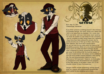 anthro biped clothed clothing fancy_clothing gun handgun male pattern_background ranged_weapon revolver simple_background solo text weapon conditional_dnp humgeronimo lackadaisy fan_character george_(humgeronimo) domestic_cat felid feline felis mammal tuxedo_cat absurd_res colored english_text hi_res huge_filesize model_sheet shaded