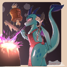 anthro biped blue_body blue_scales blue_tail blush bodily_fluids breath_powers clothing elemental_manipulation female fingers fire fire_breathing fire_manipulation food horn pink_eyes pupils scales side_view simple_background solo standing sweat tail cold-blooded-twilight friendship_is_magic hasbro my_little_pony mythology princess_ember_(mlp) dragon mythological_creature mythological_scalie scalie 1:1 hi_res