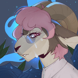 ambiguous_gender anthro black_nose blue_flower bodily_fluids brown_body brown_fur brown_horn cheek_tuft clothing ears_back eyelashes eyewear facial_piercing facial_tuft flower fur glasses glistening glistening_eyes hair horn nose_piercing nose_ring piercing pink_eyes pink_hair pivoted_ears plant ring_piercing rose_(flower) round_glasses septum_piercing septum_ring side_view solo sparkles tan_body tan_fur tears topwear tuft unsigned white_clothing white_topwear smogville bovid caprine mammal 1:1 bust_portrait hi_res icon portrait