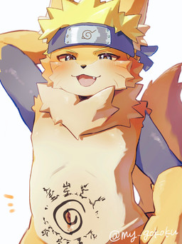 accessory alternate_species anthro biped blonde_eyebrows blonde_hair blue_eyes blush blush_lines blushing_at_viewer cheek_markings cheek_tuft countershade_face countershade_fur countershade_torso countershading cute_fangs eyebrows facial_markings facial_tuft fangs fingers front_view fur fur_tuft furrification glistening glistening_eyes hair hand_behind_head hand_on_hip hand_on_own_hip head_markings headband inner_ear_fluff iris kemono looking_at_viewer male male_anthro markings multicolored_body multicolored_fur narrowed_eyes navel navel_tattoo neck_tuft ninja nude nude_anthro nude_male one_fang open_:3 open_mouth open_smile pose pupils raised_arm short_hair simple_background smile smiling_at_viewer solo spiral tattoo teeth text tongue tuft warrior whisker_markings white_background young young_anthro young_male my_gokoku naruto naruto_uzumaki canid canine fox mammal artist_name half-length_portrait hi_res pinup portrait shaded