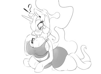 big_breasts blush breasts busty_feral cellphone cleavage clothed clothing electronics exclamation_point female feral horn huge_breasts interrobang navel phone question_mark smartphone solo grispinne friendship_is_magic hasbro my_little_pony mythology princess_celestia_(mlp) equid equine mammal mythological_creature mythological_equine unicorn 2015 hi_res monochrome
