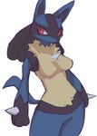 anthro blue_body body_spikes breasts female looking_aside nipple_outline red_eyes simple_background solo white_background ninokkkwolf nintendo pokemon generation_4_pokemon lucario pokemon_(species) 2022 hi_res