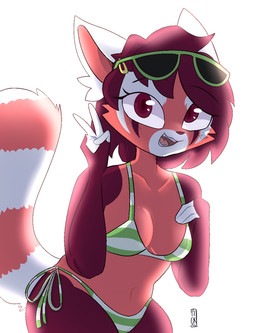 accessory anthro bikini bikini_bottom bikini_top breasts cleavage clothed clothing eyewear eyewear_on_head female fur gesture hair hair_accessory hairclip hand_gesture looking_at_viewer looking_back open_mouth pattern_bikini pattern_clothing pattern_swimwear red_body red_eyes red_fur red_hair side-tie_bikini side-tie_clothing side-tie_swimwear simple_background solo string_bikini striped_bikini striped_clothing striped_swimwear stripes sunglasses sunglasses_on_head swimwear tail triangle_bikini two-piece_swimsuit v_sign white_background white_body white_ears white_fur sickbelle pallete_(bapplebro) ailurid mammal red_panda 2021 hi_res signature