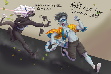 5_fingers abstract_background aloha_shirt anthro black_clothing black_jacket black_topwear blue_body blue_eyes blue_feathers blue_scales blue_stripes bottomwear chasing claws clothed clothing dialogue duo elbow_feathers eyewear feathered_tail feathers female finger_claws fingers footwear glasses grey_body grey_bottomwear grey_clothing grey_hair grey_highlights grey_scales grey_shorts hair highlights_(coloring) jacket leather leather_clothing leather_jacket leather_topwear long_hair male mohawk multicolored_body multicolored_hair multicolored_scales open_clothing open_mouth open_shirt open_smile open_topwear pattern_clothing pattern_shirt pattern_topwear pecs purple_eyes running scales sharp_teeth shirt shoes shorts smile sneakers snout striped_body striped_scales stripes tail tail_tuft teeth text tongue tongue_out topwear tuft two_tone_body two_tone_hair two_tone_scales v-cut white_hair prometheuzone cavemanon_studios snoot_game fan_character jaro vee_(veedway) alvarezsaurid alvarezsaurus dinosaur feathered_dinosaur feathered_scalie prehistoric_species reptile saurischian scalie theropod troodon troodontid 2024 digital_drawing_(artwork) digital_media_(artwork) english_text hi_res
