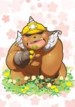 anthro armor belly blush brown_body brown_fur flower fur headgear helmet humanoid_hands male navel overweight overweight_anthro overweight_male plant solo wanaguma whinge build_tiger eulipotyphlan mammal mole_(animal) 2013