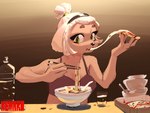 accessory anthro blush bottle chopsticks container eating female food green_eyes hair hair_accessory hairband noodles pizza ponytail ramen short_hair simple_background solo tied_hair kemari lime_(kemari) canid canine canis domestic_dog mammal hi_res