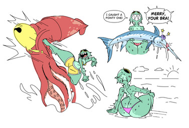 anthro big_butt big_eye big_pupils bikini bikini_bottom bikini_top bottomwear breasts bruised butt clothing female grin kick looking_at_viewer looking_back looking_back_at_viewer open_mouth pose pupils sharp_teeth shorts small_breasts smile solo swimwear teeth thick_thighs two-piece_swimsuit unconscious underwater water wet wide_hips diegutan merlin_brava aquatic billfish cephalopod coleoid decapodiform fish istiophoriform mollusk squid swordfish hi_res
