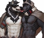 abs anthro arm_around_waist beard candy dessert dog_tags duo facial_hair fangs food fur grey_body grey_fur hooded_cloak jewelry licking licking_lollipop lollipop looking_at_viewer male male/male mask mostly_nude muscular muscular_anthro muscular_male necklace nipples pecs pubes scar sharp_teeth standing teeth tongue tongue_out white_body white_fur deaddragonp mythology ronin_(innovator_aegis) canid canine canis mammal mythological_canine mythological_creature werecanid werecanine werecreature werewolf wolf half-length_portrait hi_res portrait