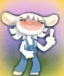 angry brown_eyes clothing female gesture hand_gesture hooves middle_finger overalls solo sandypants sandypants_(character) bovid caprine domestic_sheep mammal sheep