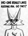 anthro chest_tuft collarbone depression long_ears looking_at_viewer male ruffled_fur sad simple_background solo text tired tuft white_background burgerpocalypse boy_kisser_(meme) sandevastated_(meme) canid canine canis coyote mammal english_text hi_res meme monochrome shaded