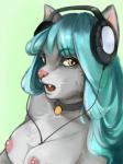 anthro breasts electronics female fur hair headphones nipples nude open_mouth simple_background solo nastynatalie domestic_cat felid feline felis mammal 2016 3:4 hi_res