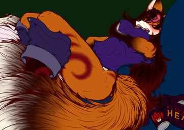 anthro big_breasts biped breast_squish breasts female female_anthro groping_chest hand_on_breast in_heat lying masturbation multi_tail nipple_outline on_back solo squish tail leksi_(artist) emmy_velanie_(xccapt04) canid canine fox mammal sabresune colored_line_art hi_res