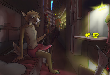 anthro armor bed bodily_fluids bulge clothing detailed_background erection eyewear furniture genital_fluids genitals group male melee_weapon morning morning_wood penis polearm precum solo_focus spear sunglasses sword tapering_penis underwear weapon topazknight red_(topazknight) cervine deer mammal detailed hi_res
