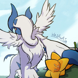 ambiguous_gender blush blush_lines claws daffodil_(flower) feathered_wings feathers feral flower fur hair horn low-angle_view one_eye_obstructed plant red_eyes solo tail white_body white_feathers white_fur white_hair wings wasawasa nintendo pokemon generation_6_pokemon mega_absol mega_evolution pokemon_(species) 1:1 2026 hi_res signature
