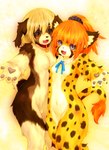 anthro black_body black_fur black_markings blonde_hair blue_eyes blush breasts brown_body brown_eyes brown_fur collar duo ear_tuft eyebrows female fur hair hug jewelry kemono markings navel necklace nude open_mouth orange_hair pawpads paws ponytail ribbons ring short_tail spots standing tail tail_tuft tuft whiskers white_body white_fur yellow_body yellow_fur tetetor-oort marie_(tetetor-oort) tirol canid canine canis cheetah domestic_dog felid feline mammal