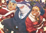 anthro blue_hair blush brown_body brown_fur christmas_clothing clothing fur group hair holidays male necktie scar sharp_teeth smile suit teeth trio sawch_cls christmas lifewonders tokyo_afterschool_summoners ganglie_(tas) typhon_(tas) ulaanbaatar fish human mammal marine shark suid suina sus_(pig) wild_boar hi_res